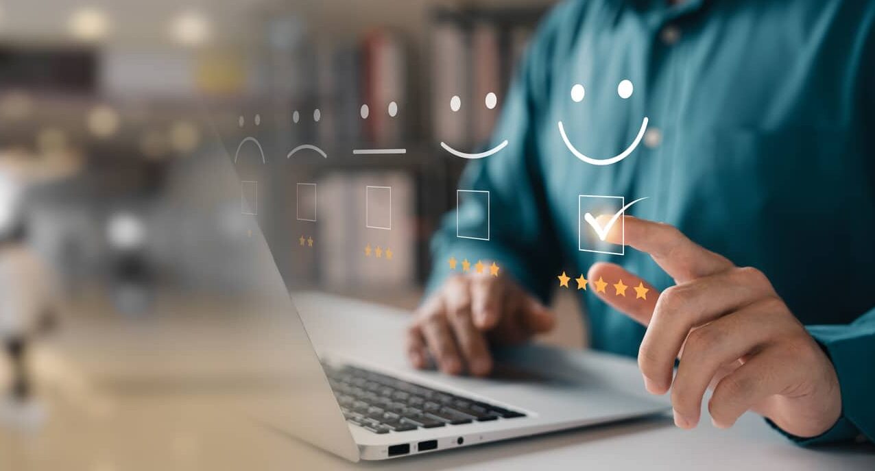 customer satisfaction survey concept, users rate service experiences on online application, customers can evaluate quality of service leading to business reputation rating.