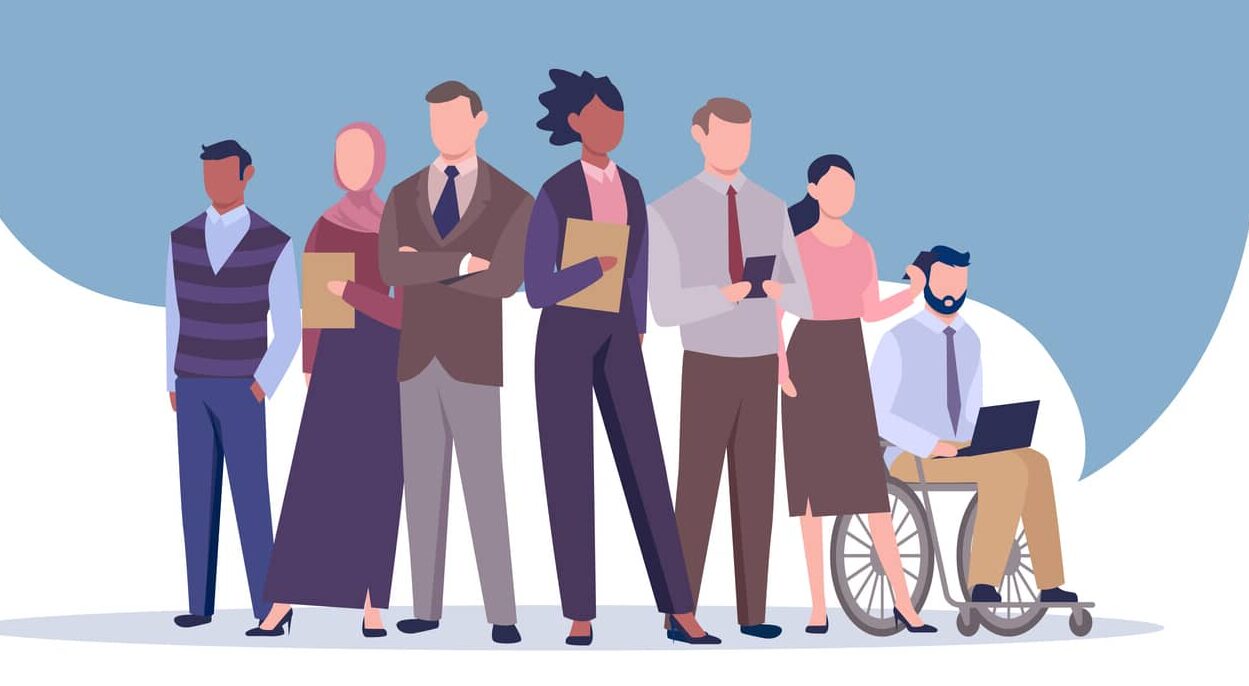 multinational inclusive group of confident business people with a female leader