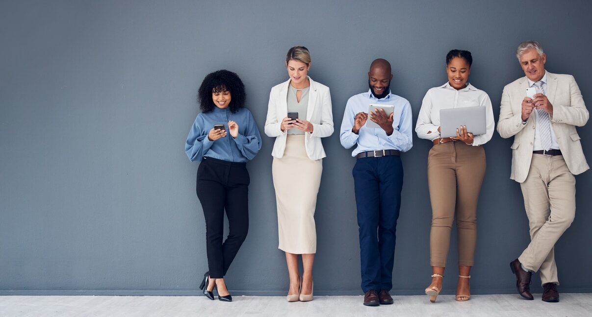 mockup, wall and business people with technology, recruitment and waiting for job interview. diversity, men and women with devices, employees and collaboration for cyber security and data analytics