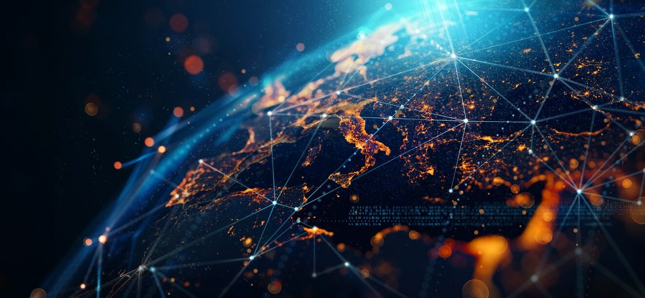 dynamic digital world map emphasize western europe continental for ai powered global network and connectivity big data transfer and cyber technology network information exchange and telecommunication concept.