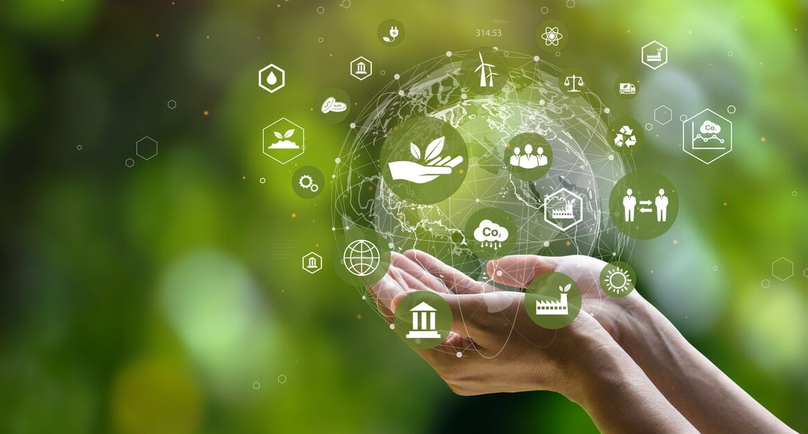 esg icon concept. environment, society and governance. energy of natural gas sustainable and ethical business on network connection on green background.