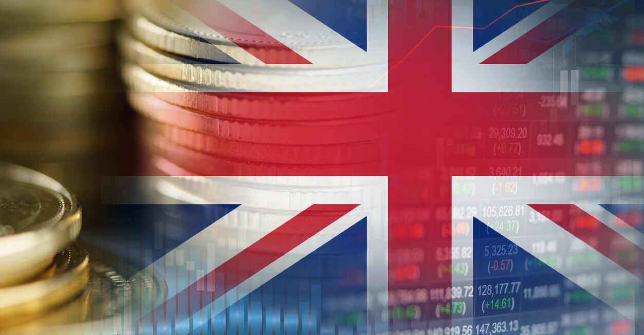 stock market investment trading financial, coin and united kingdom flag or forex for analyze profit finance business trend data background.
