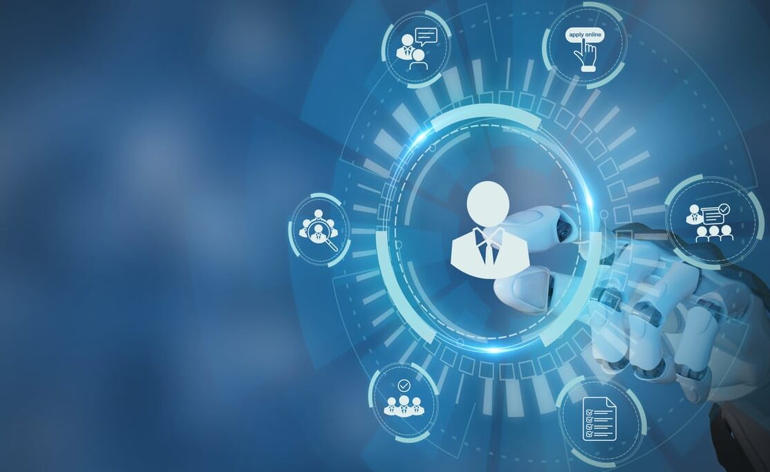 ai recruiting technology concept. using artificial intelligence in the talent acquisition process. a robot choosing business people to hire. hr technology ecosystem strategies for hr professionals.