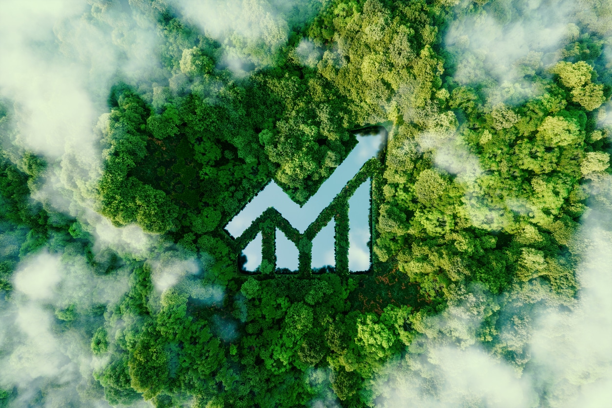 a lake in the shape of a rising graph in the middle of untouched nature symbolizing the growing interest in ecology and nature conservation. 3d rendering.