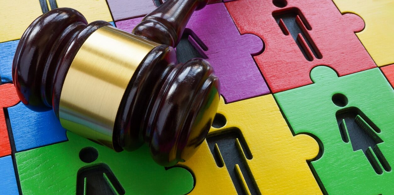 a puzzle of male and female figures as a symbol of diversity and equality and a gavel as a concept of law.