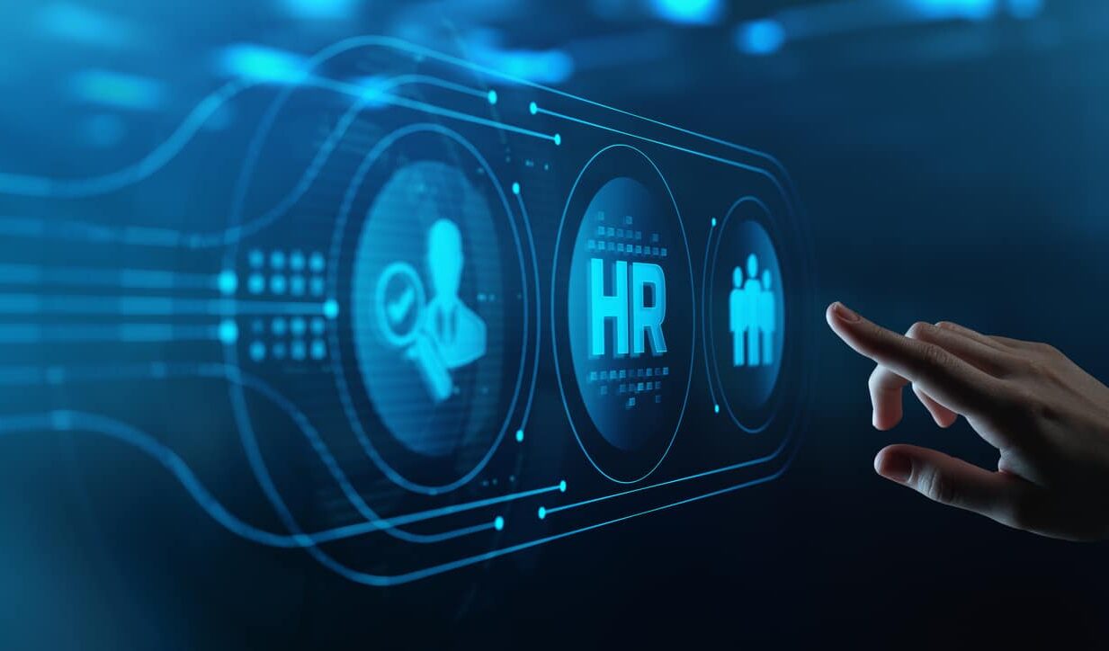 human hand touching futuristic virtual screen with hr icon. human resources management recruitment employment headhunting concept