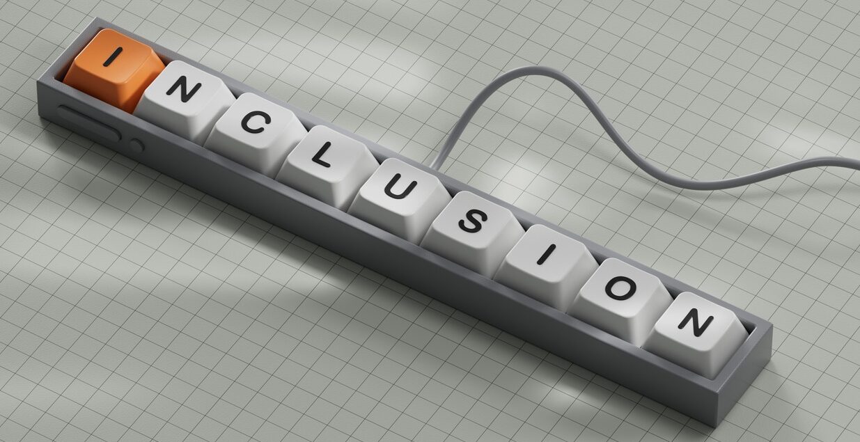 symbol for a better inclusion. computer keyboard keys with word 'inclusion'. beautiful orange background. copy space.3d rendering on white background.