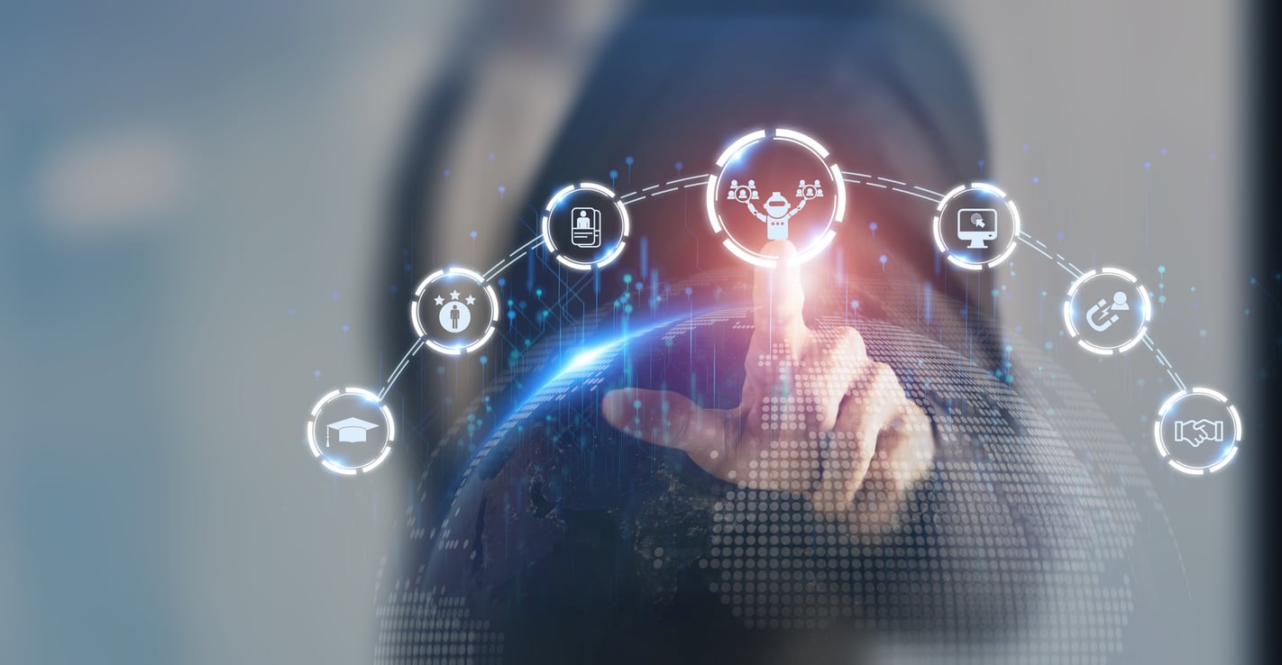 ai recruiting technology concept. using artificial intelligence in the talent acquisition process. a robot choosing business people to hire. hr technology ecosystem strategies for hr professionals.