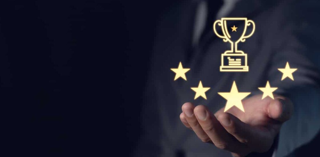 customer or businessman hand holding 5 stars with copy space, rating service, satisfaction concept