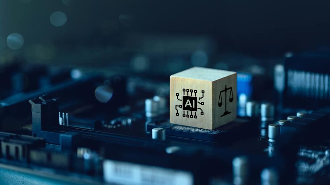 ai laws and regulations concept. wooden cube with ai and law icons on the computer motherboard. regulation, standard and business policy. laws to ensure that ai is safe, transparent, and traceable.